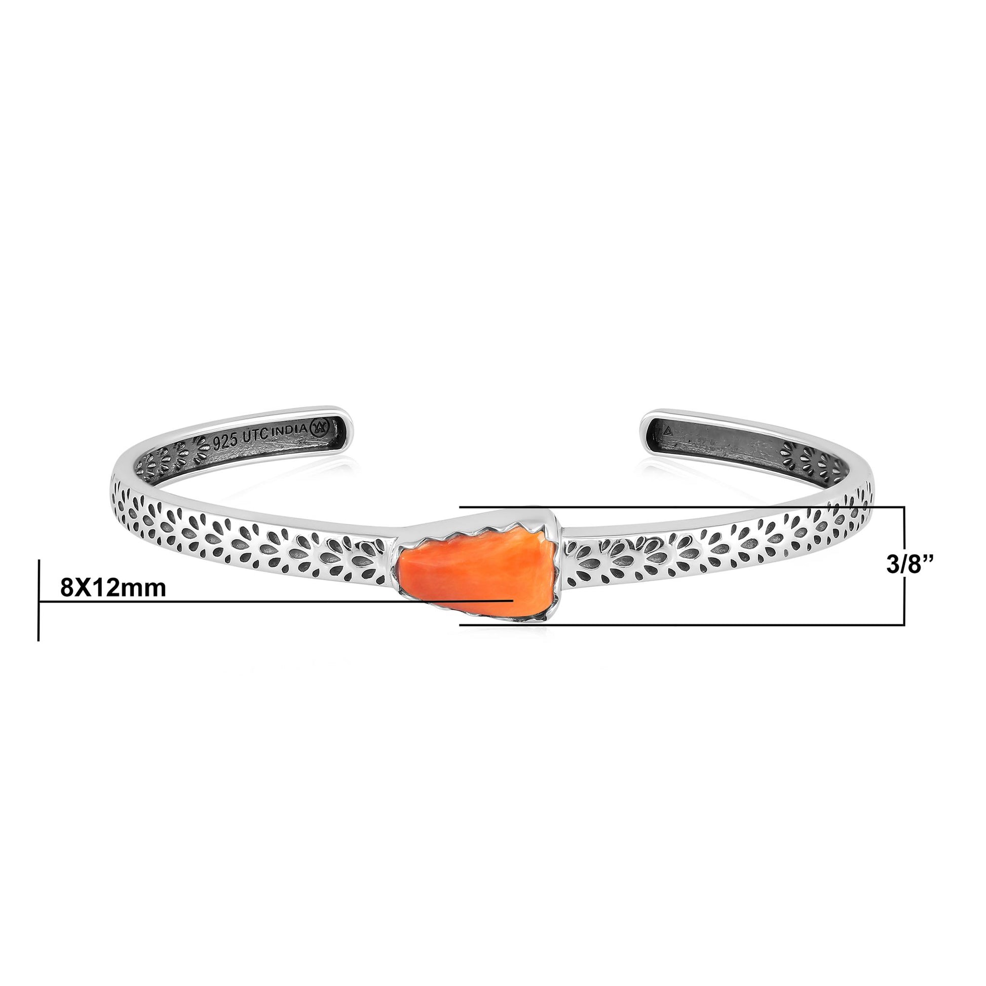 Sterling Silver Orange Spiny Oyster Fancy Cut Stackable Cuff Bracelet, Sizes Small to Large