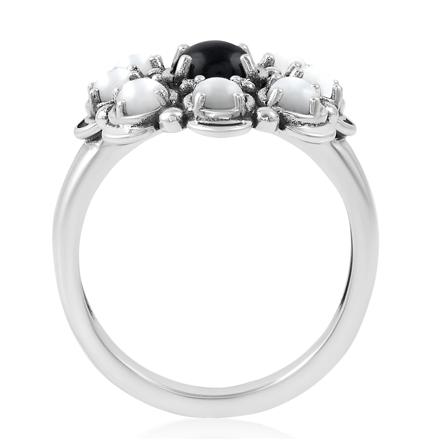 Sterling Silver Black Onyx and White Mother of Pearl Round Cut Flower Cluster Ring