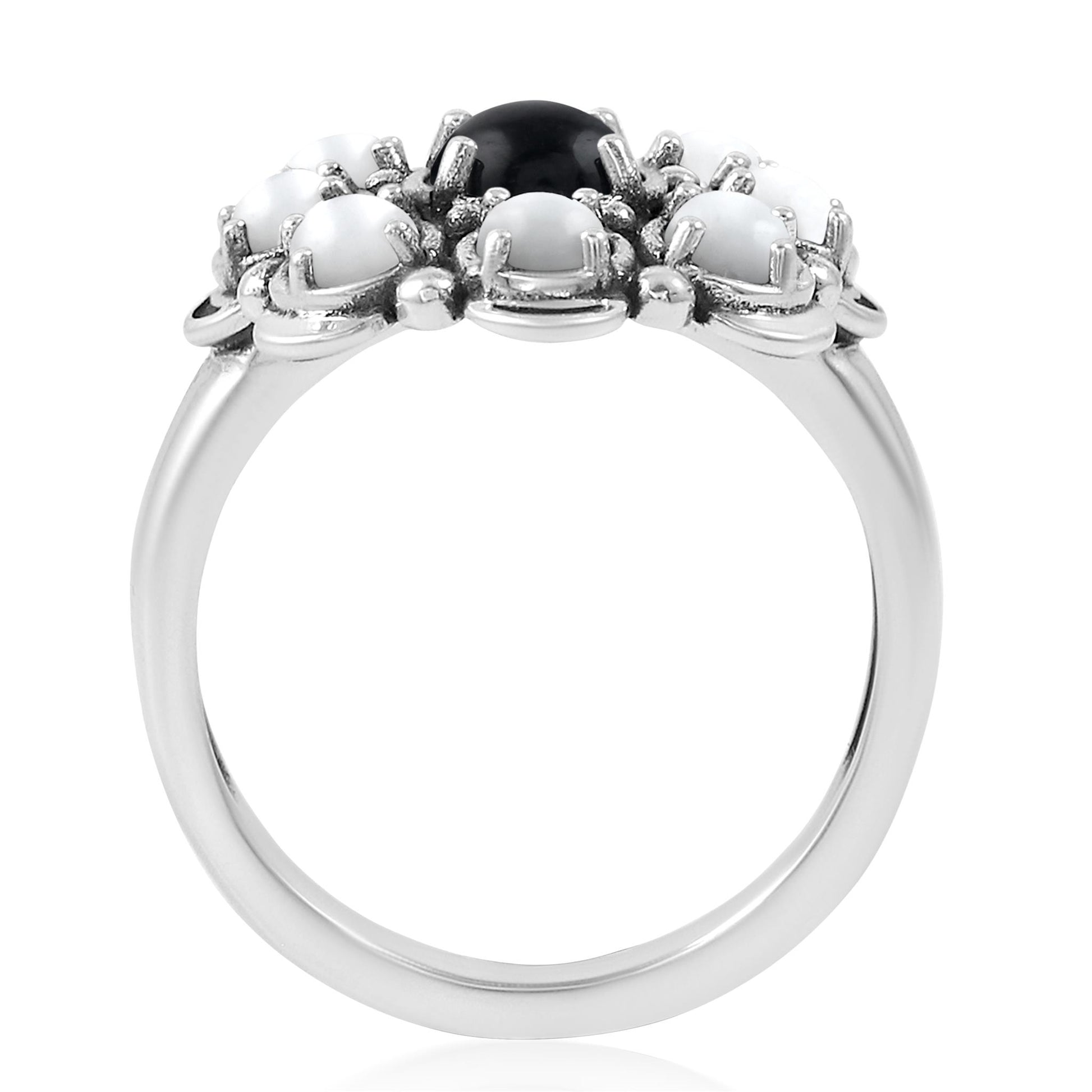 Sterling Silver Black Onyx and White Mother of Pearl Round Cut Flower Cluster Ring