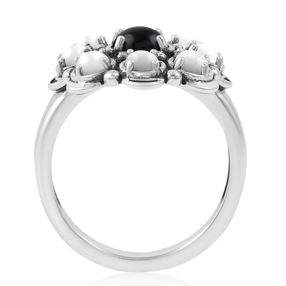 Sterling Silver Black Onyx and White Mother of Pearl Round Cut Flower Cluster Ring