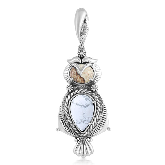 Sterling Silver Picture Jasper and Howlite Owl Pendant Enhancer
