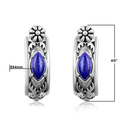 Sterling Silver Lapis Marquise Cut Huggie Hoop Earrings 