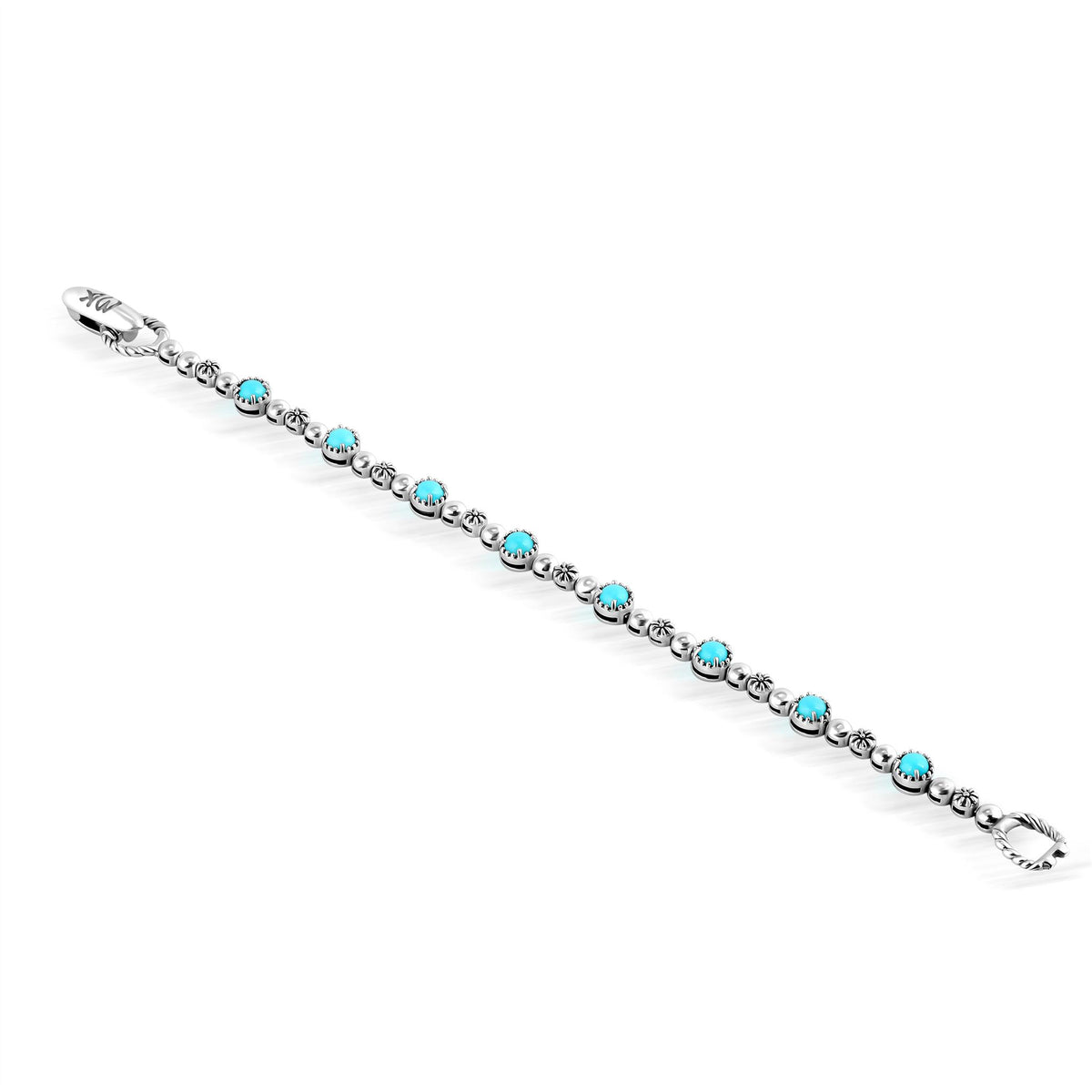 Sterling Silver Sleeping Beauty Turquoise Round Beaded Bracelet, Sizes Small to Large