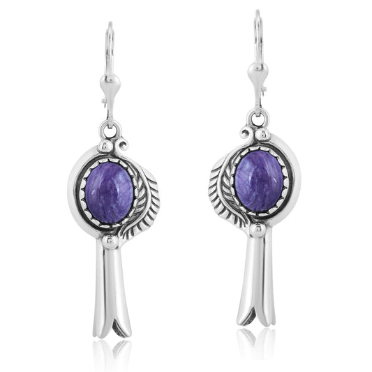 EXCLUSIVELY OURS! Sterling Silver Charoite Leaf and Squash Blossom Design Dangle Earrings