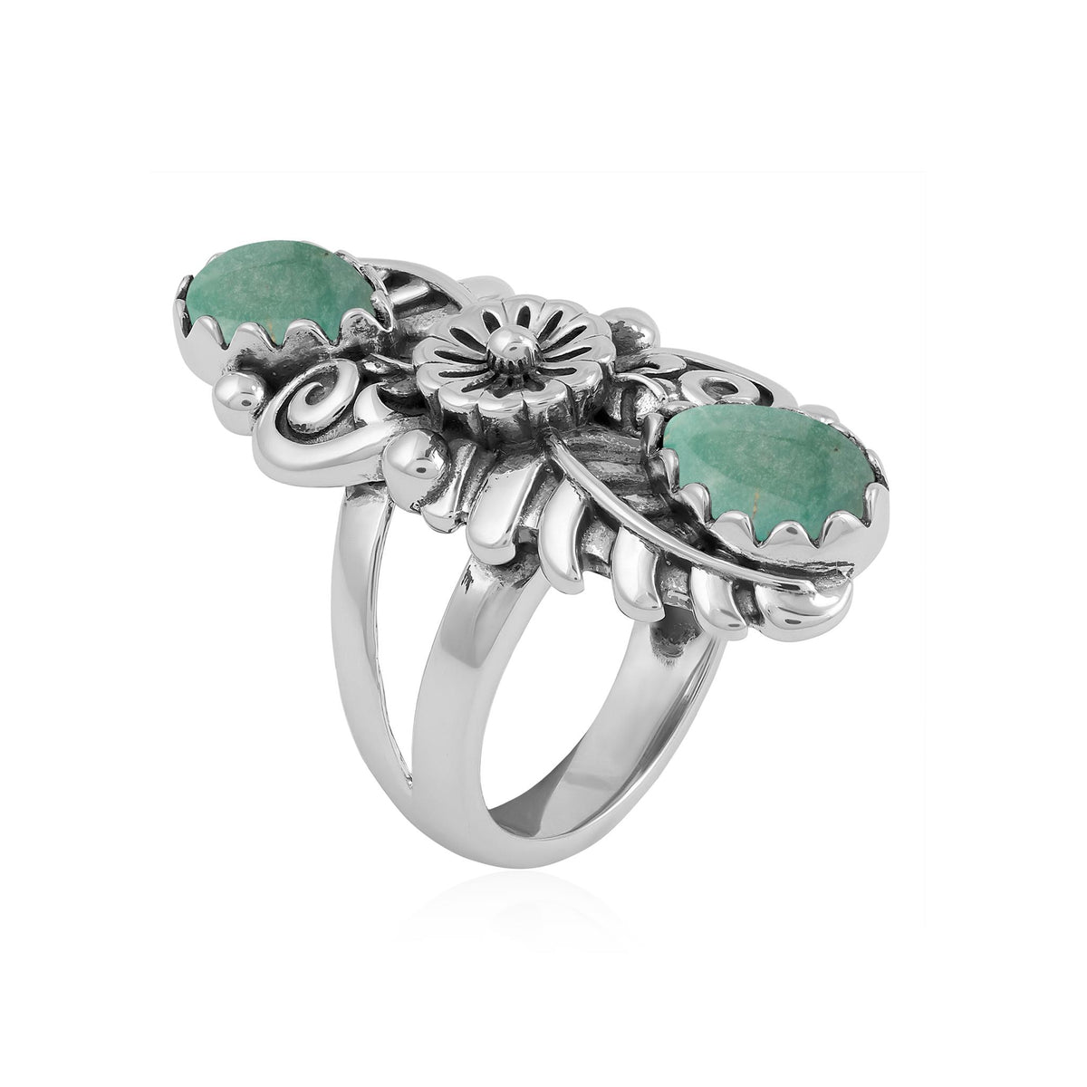 Sterling Silver Green Turquoise Pear-Cut Leaf and Flower Ring