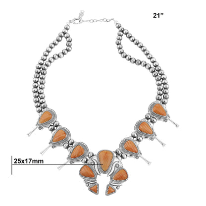 LIMITED EDITION! Sterling Silver Orange Spiny Oyster Large Naja Squash Blossom Necklace