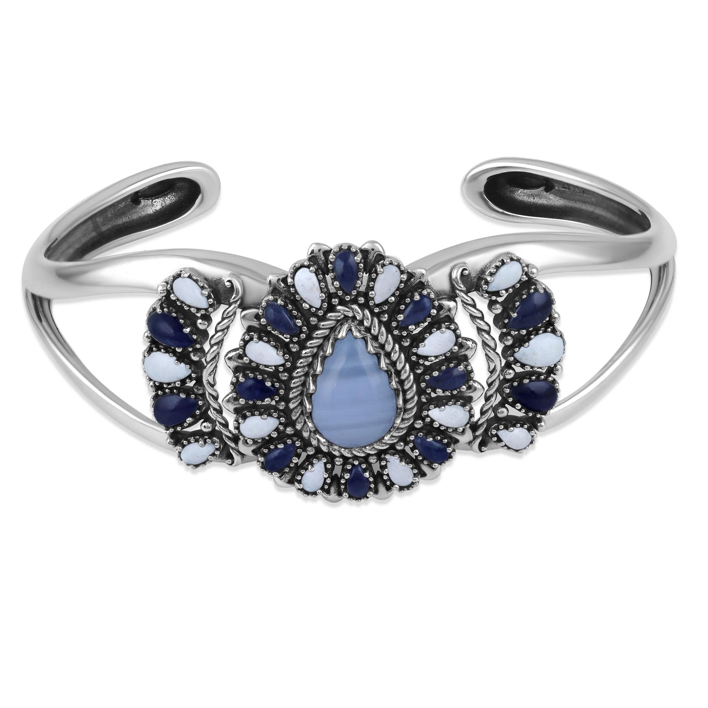 Sterling Silver Blue Lace Agate, Sodalite and White Agate Pear-Shaped Cluster Cuff Bracelet