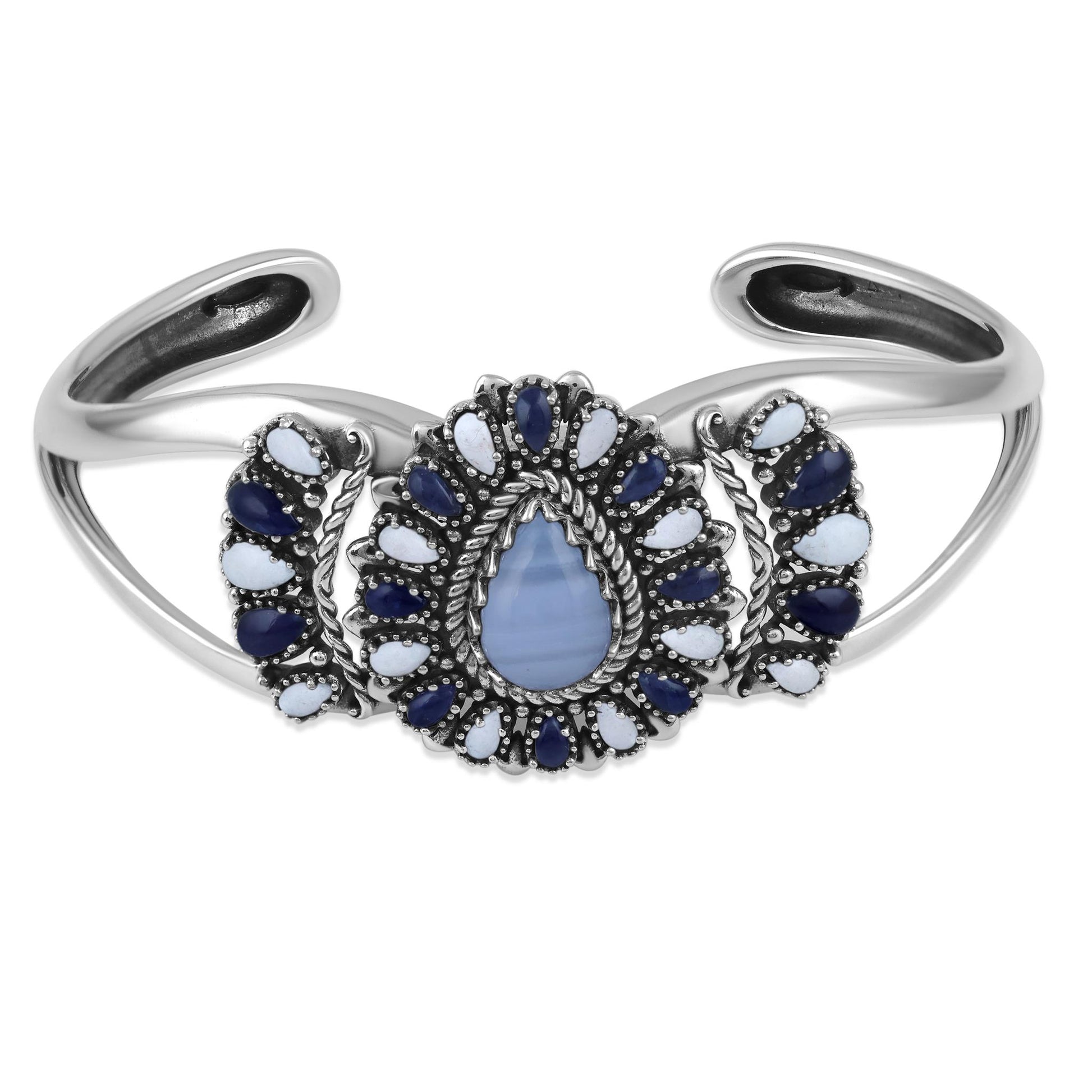 Sterling Silver Blue Lace Agate, Sodalite and White Agate Pear-Shaped Cluster Cuff Bracelet