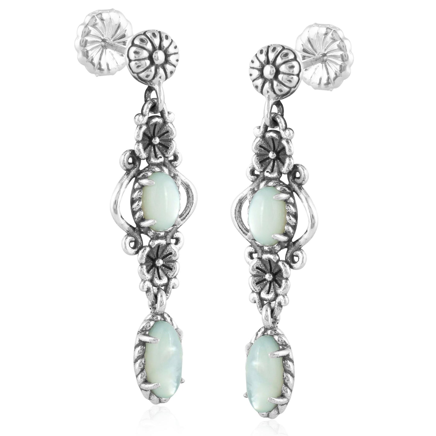 Sterling Silver White Mother of Pearl Gemstone Floral Dangle Earrings