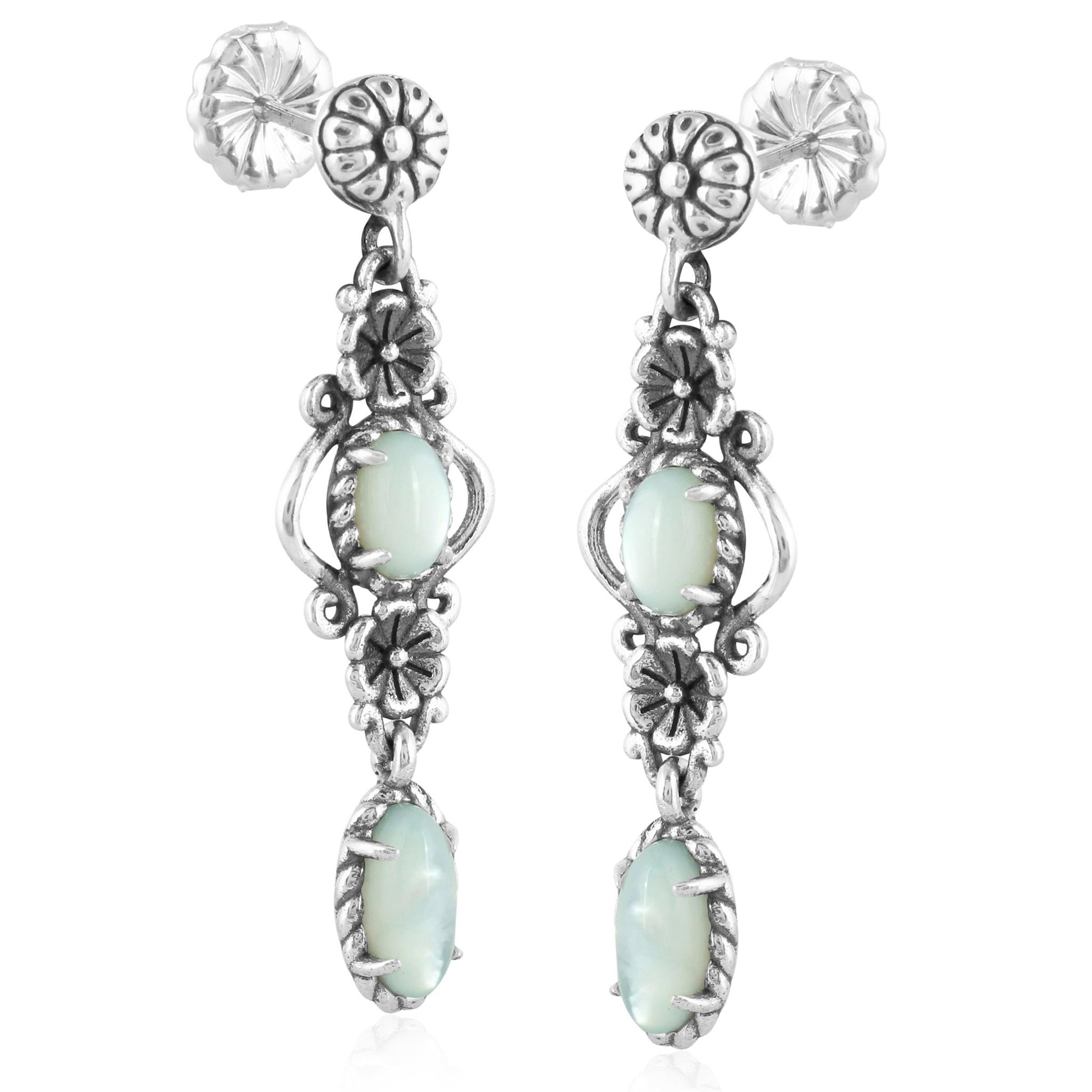 Sterling Silver White Mother of Pearl Gemstone Floral Dangle Earrings