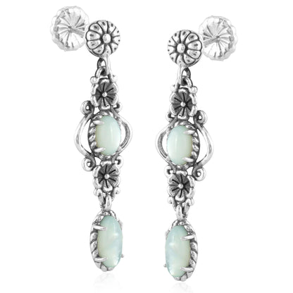 Sterling Silver White Mother of Pearl Gemstone Floral Dangle Earrings