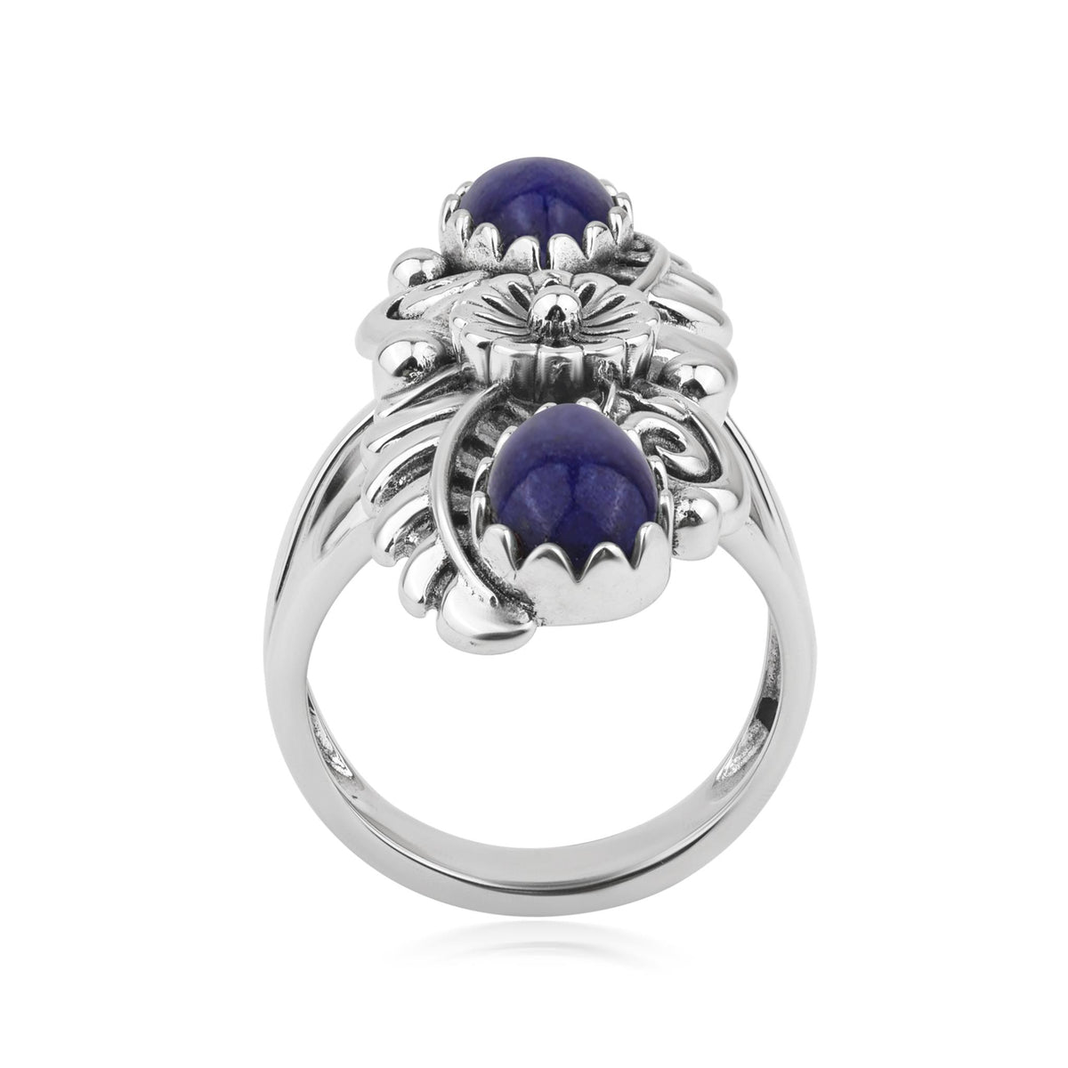 Sterling Silver Lapis Pear-Cut Leaf and Flower Ring, Sizes 5 to 10