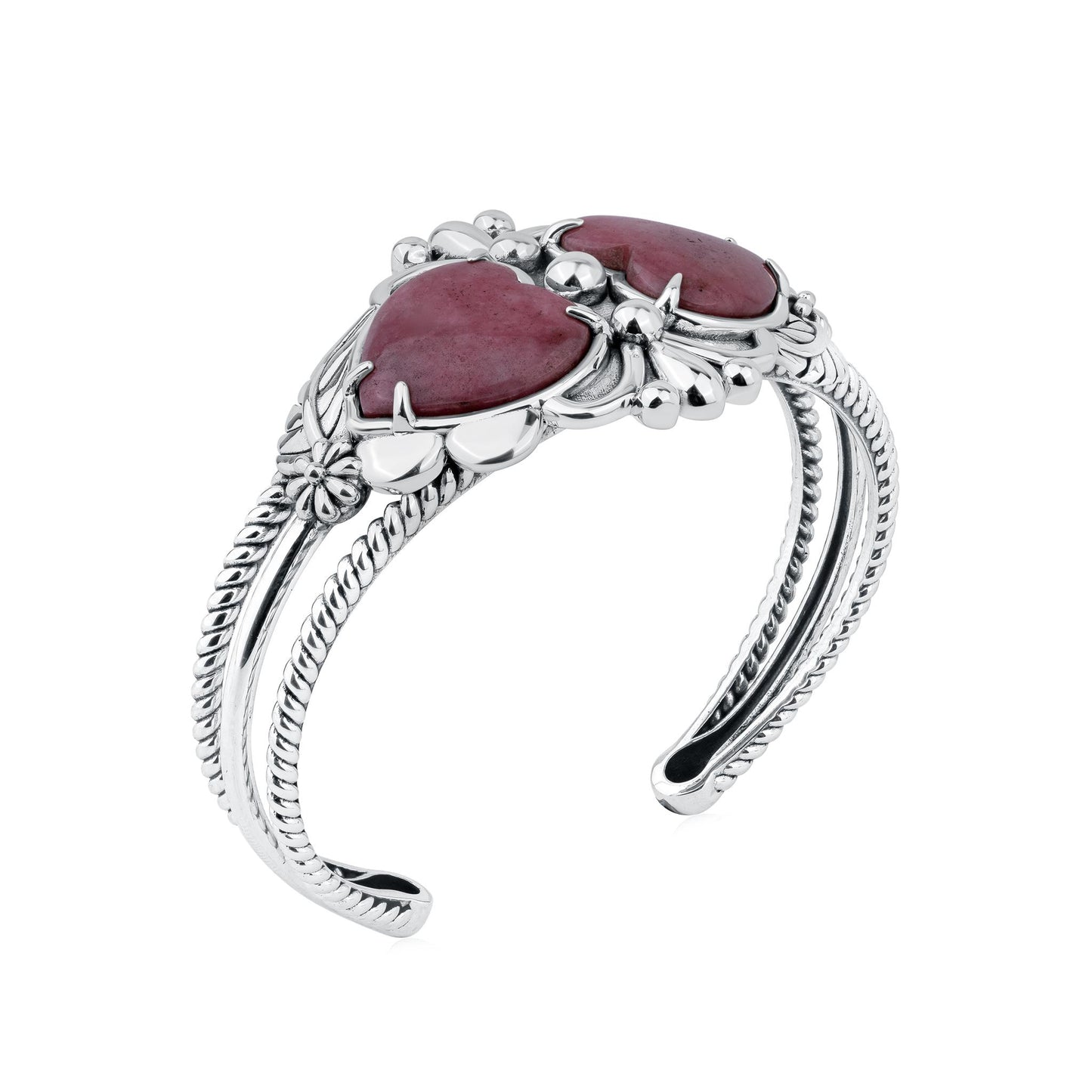 EXCLUSIVELY OURS! Sterling Silver Rhodonite Double Heart Cuff Bracelet, Sizes Small to Large