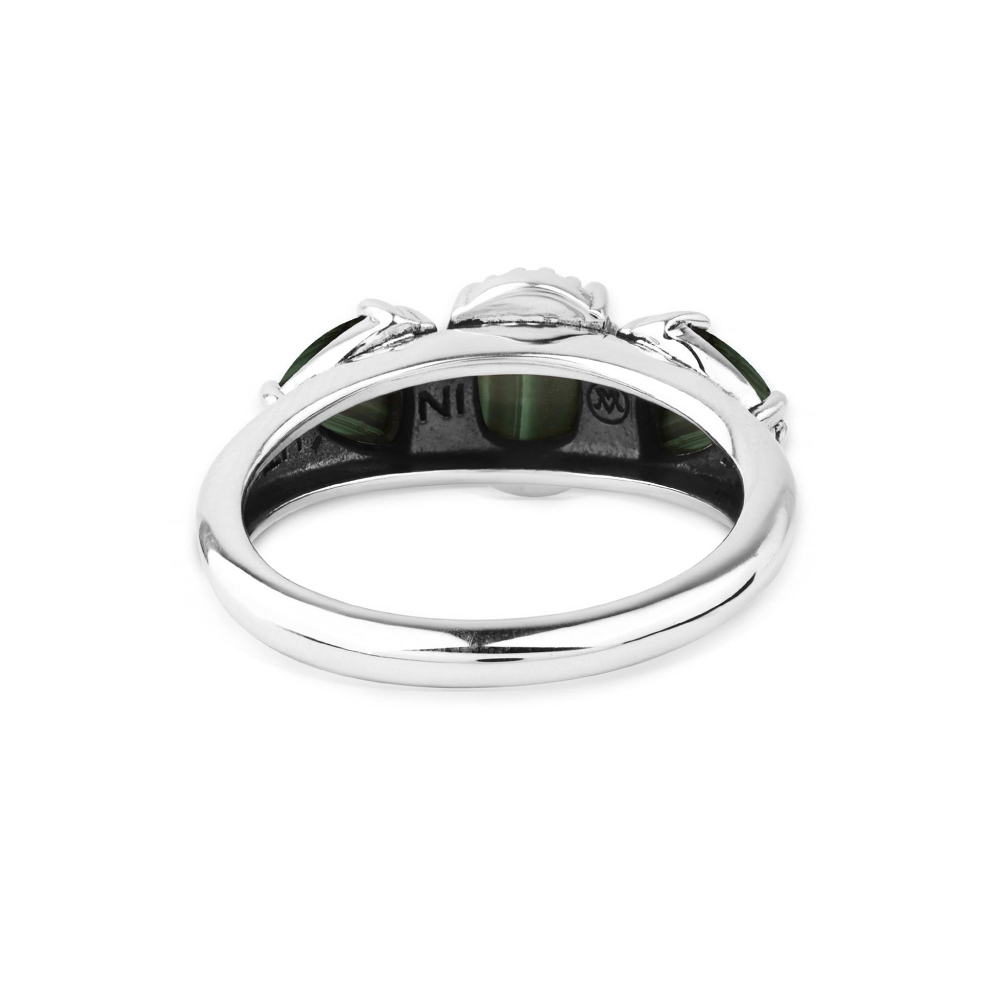  Sterling Silver Malachite Oval and Trillion 3-Stone Ring