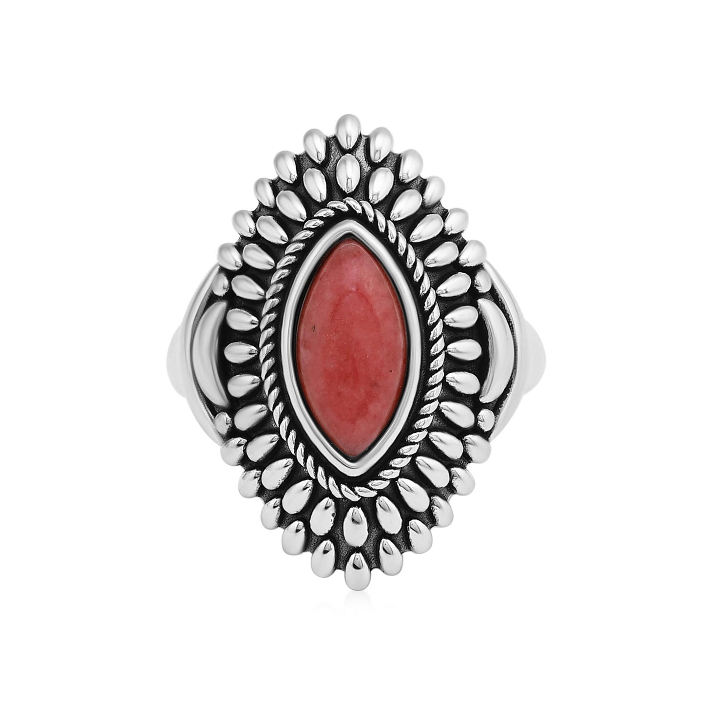Sterling Silver Rhodonite Marquise Cut Rope and Bead Ring