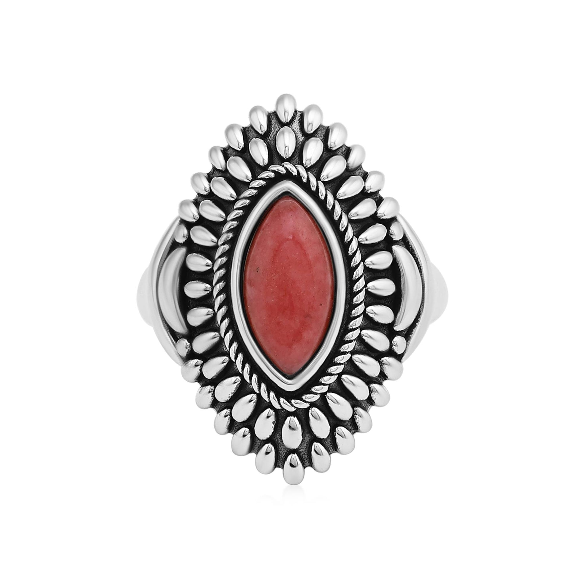 Sterling Silver Rhodonite Marquise Cut Rope and Bead Ring