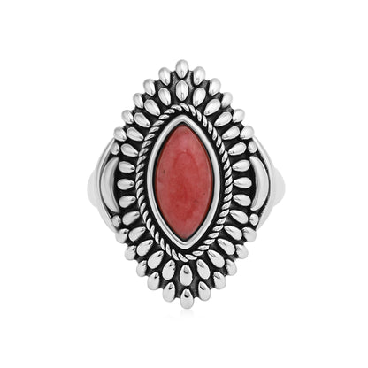 Sterling Silver Rhodonite Marquise Cut Rope and Bead Ring