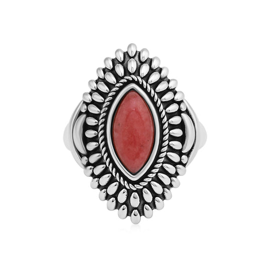 Sterling Silver Rhodonite Marquise Cut Rope and Bead Ring