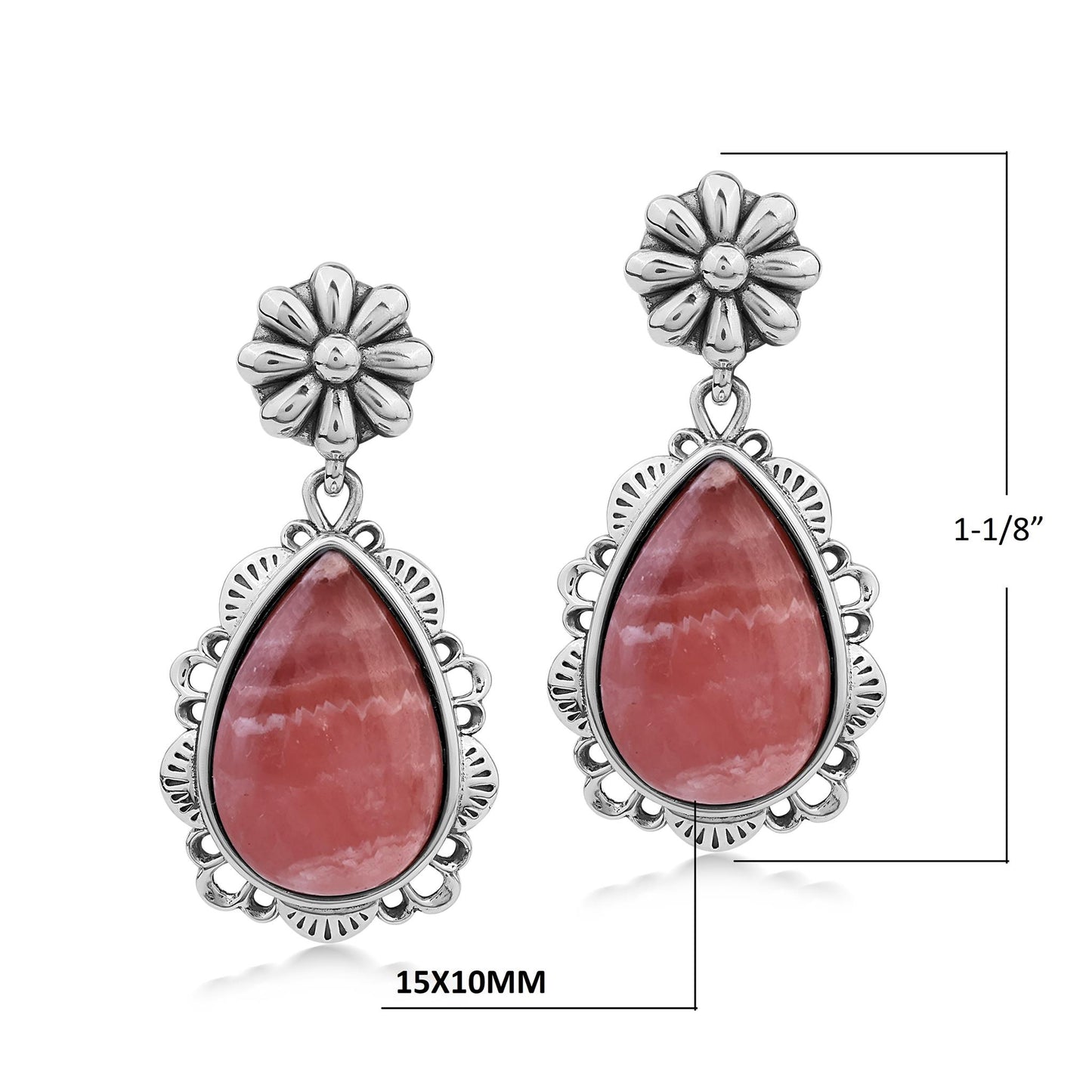 Sterling Silver Rhodochrosite Pear-Cut Concha Dangle Earrings