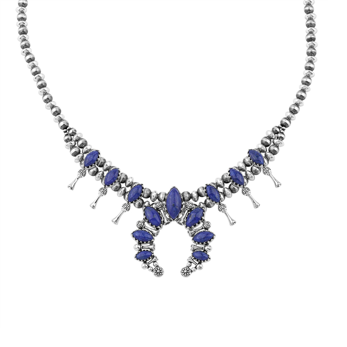Sterling Silver Lapis Marquise-Cut Squash Blossom Necklace, 17 to 20 Inches