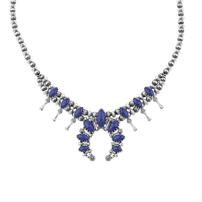 Sterling Silver Lapis Marquise-Cut Squash Blossom Necklace, 17 to 20 Inches