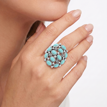 Sterling Silver Kingman Turquoise Oval 12-Stone Cluster Ring