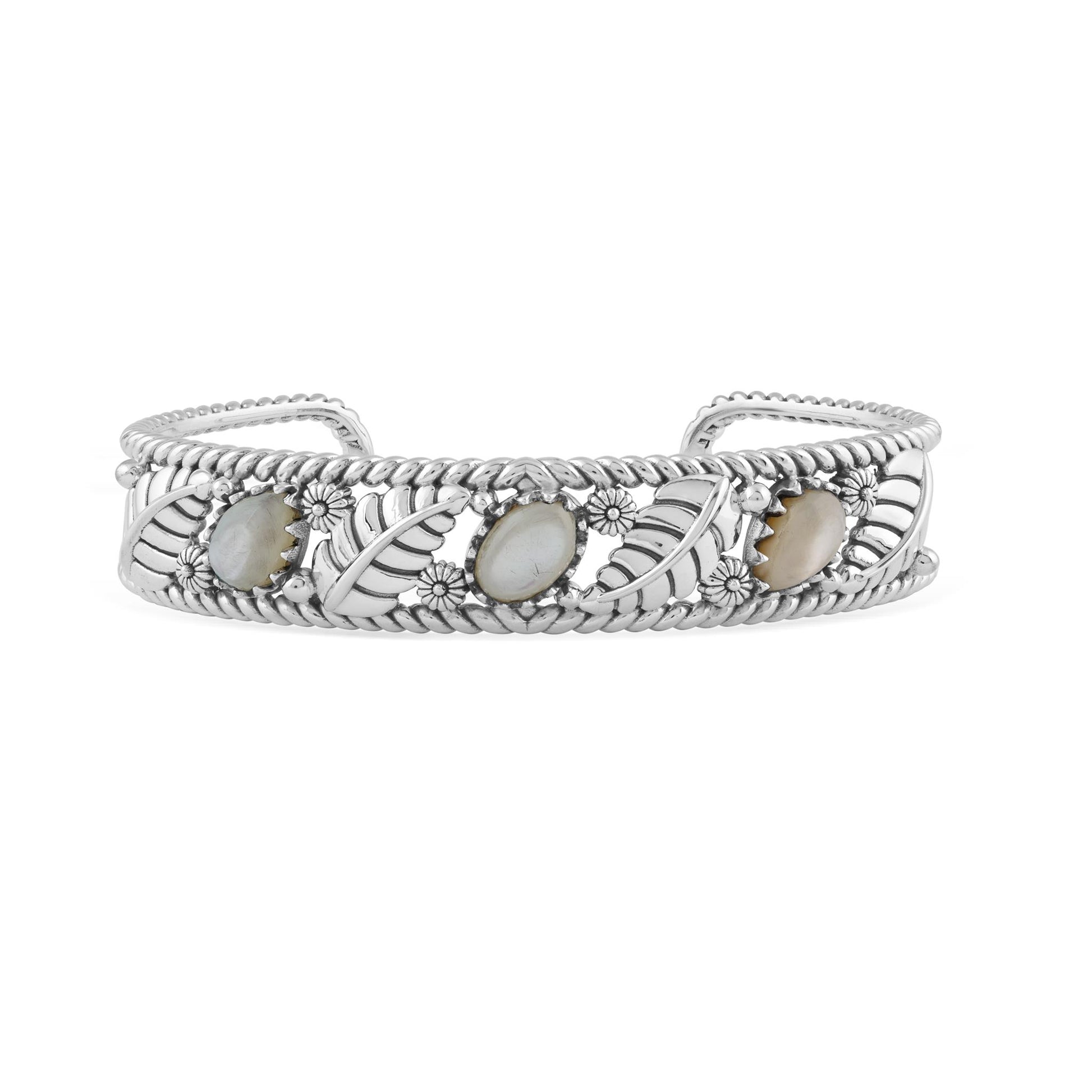  Sterling Silver White Mother of Pearl Oval and Pear Leaf Cuff Bracelet