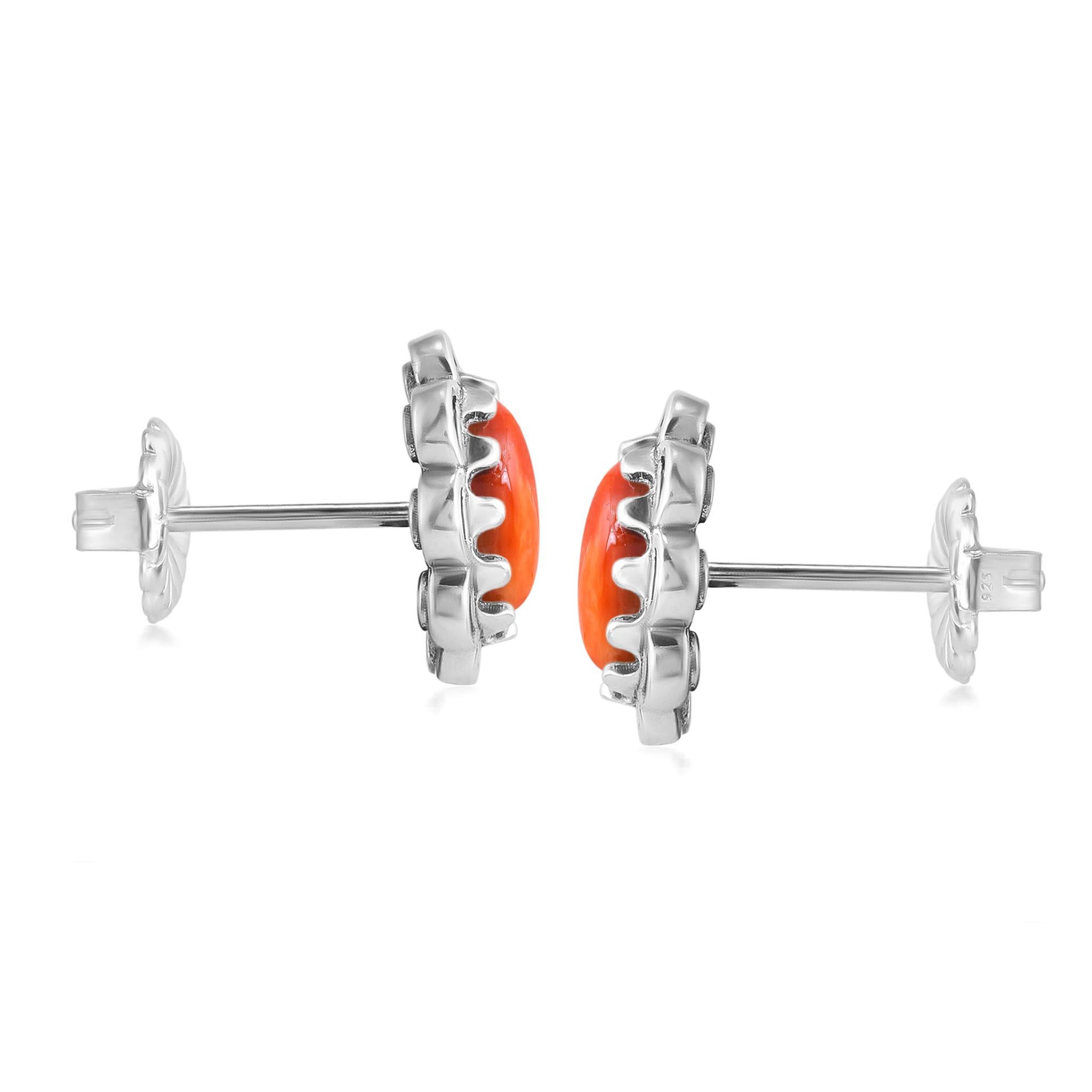 Sterling Silver Orange Spiny Oyster Concha Flower Stud Earrings