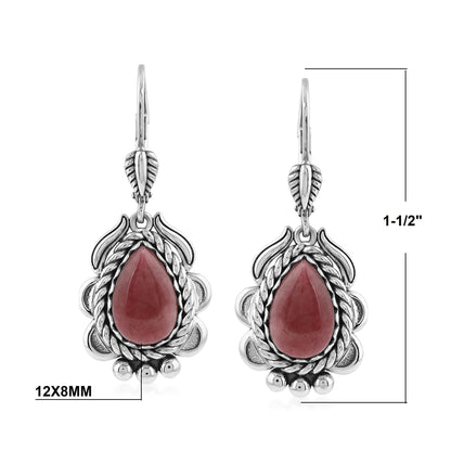 Sterling Silver Rhodonite Pear-Cut Rope Design Lever Back Earrings