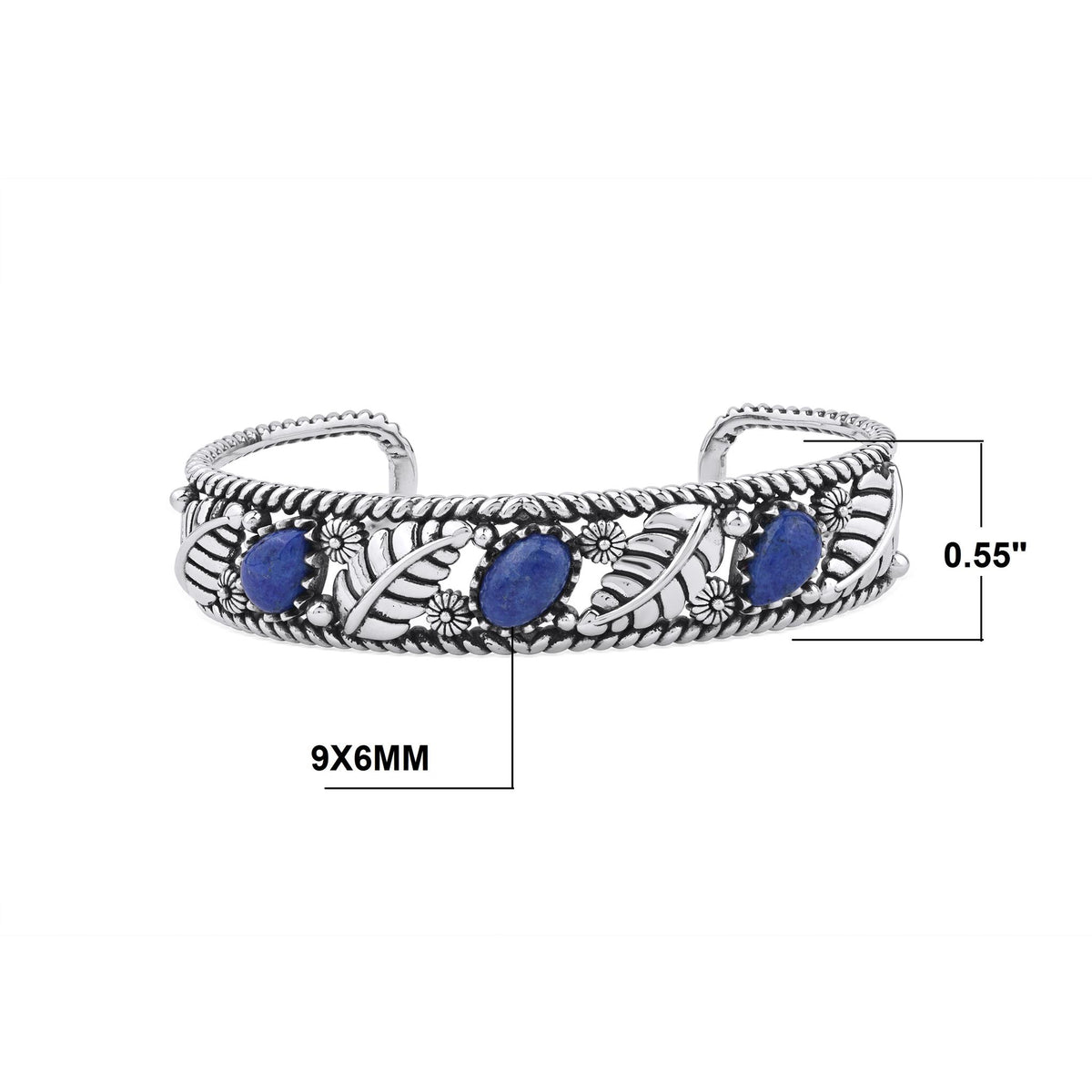 Sterling Silver Lapis Oval and Pear Leaf Cuff Bracelet, Sizes Small to Large