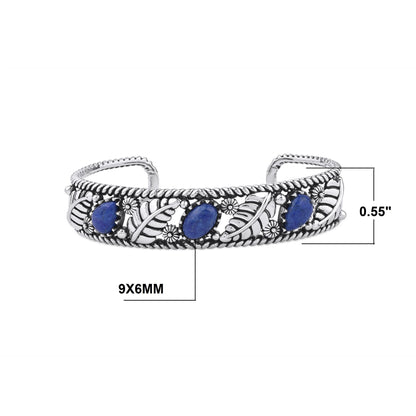 Sterling Silver Lapis Oval and Pear Leaf Cuff Bracelet, Sizes Small to Large