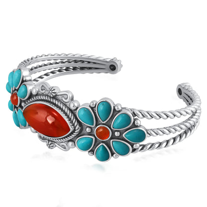 Sterling Silver Red Onyx Kingman Turquoise Floral Cluster Cuff Bracelet
