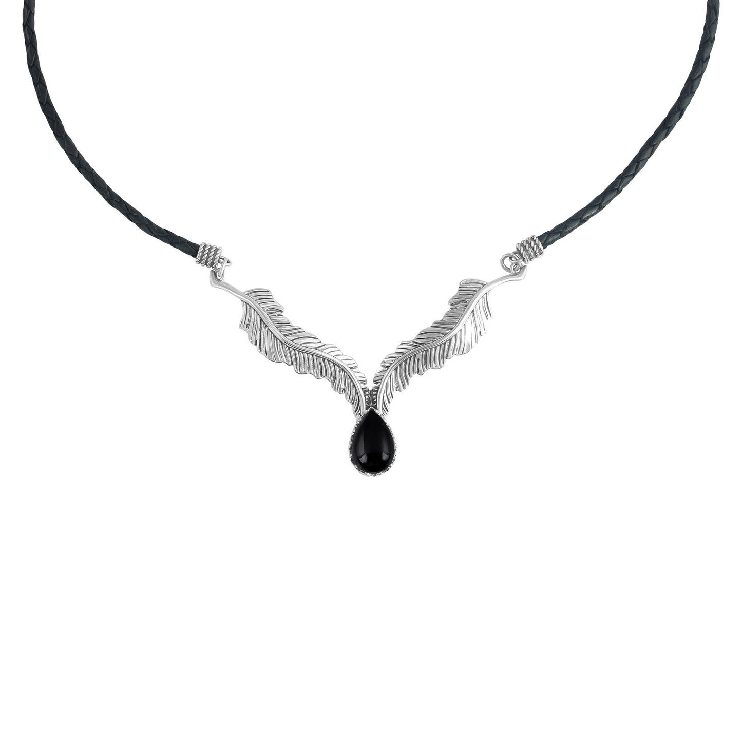 Sterling Silver Black Onyx Black Leather Feather Design Necklace