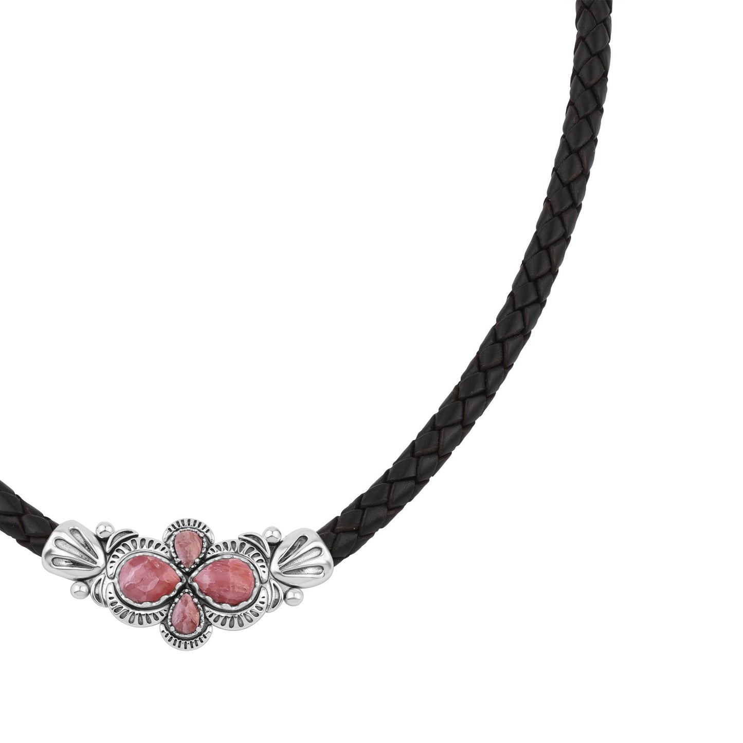  Sterling Silver Rhodochrosite Pear Cluster Black Leather Necklace 
