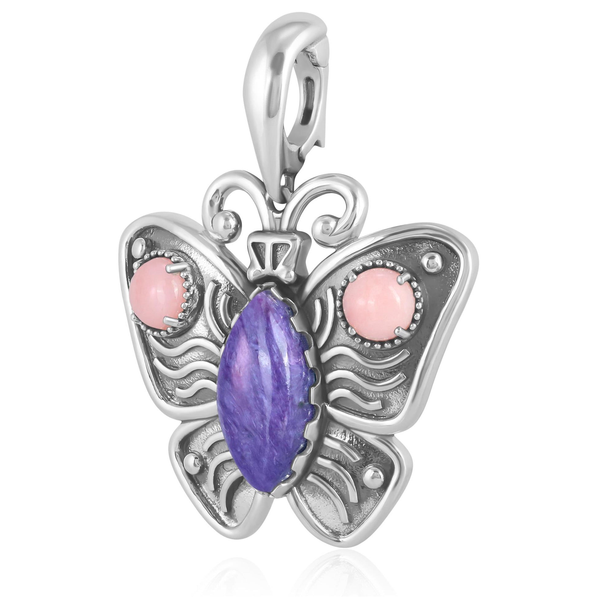 Sterling Silver Charoite and Pink Opal Butterfly Pendant Enhancer