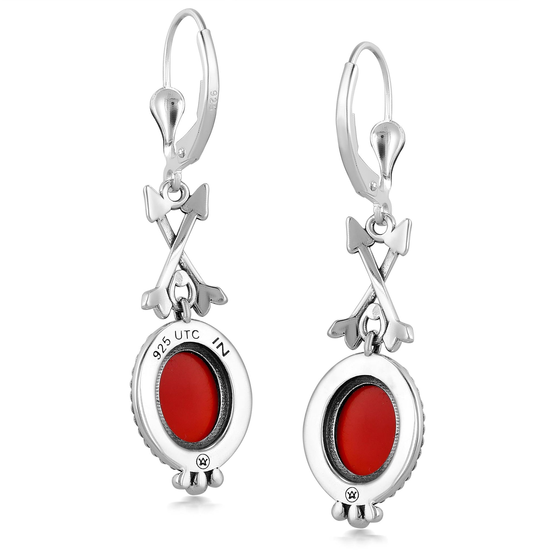Sterling Silver Red Onyx Crossed Arrrow Drop and Dangle Earrings