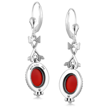 Sterling Silver Red Onyx Crossed Arrrow Drop and Dangle Earrings