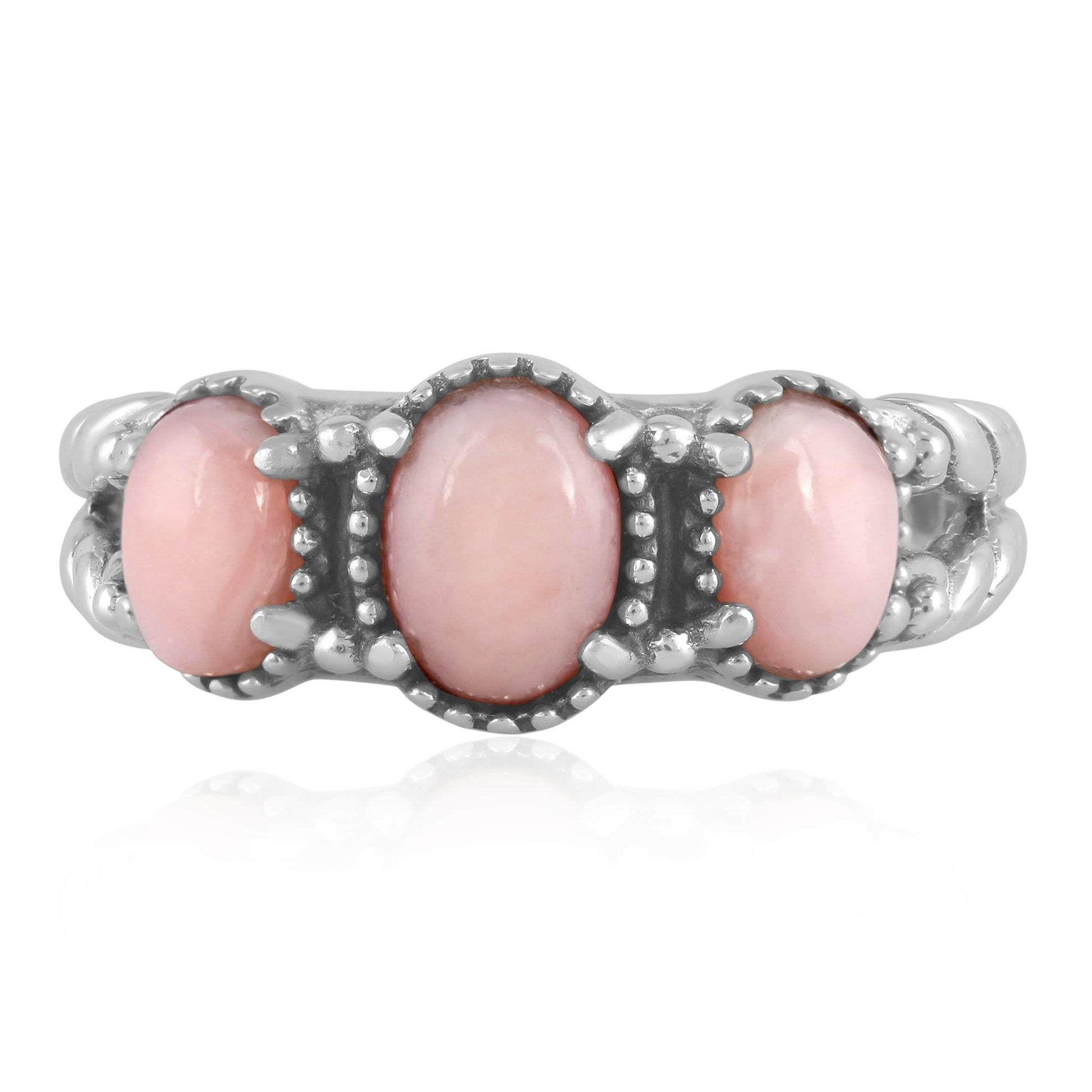 Sterling Silver Pink Opal Gemstone 3-Stone Ring, Sizes 5 to 10