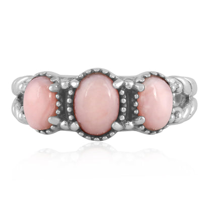 Sterling Silver Pink Opal Gemstone 3-Stone Ring, Sizes 5 to 10