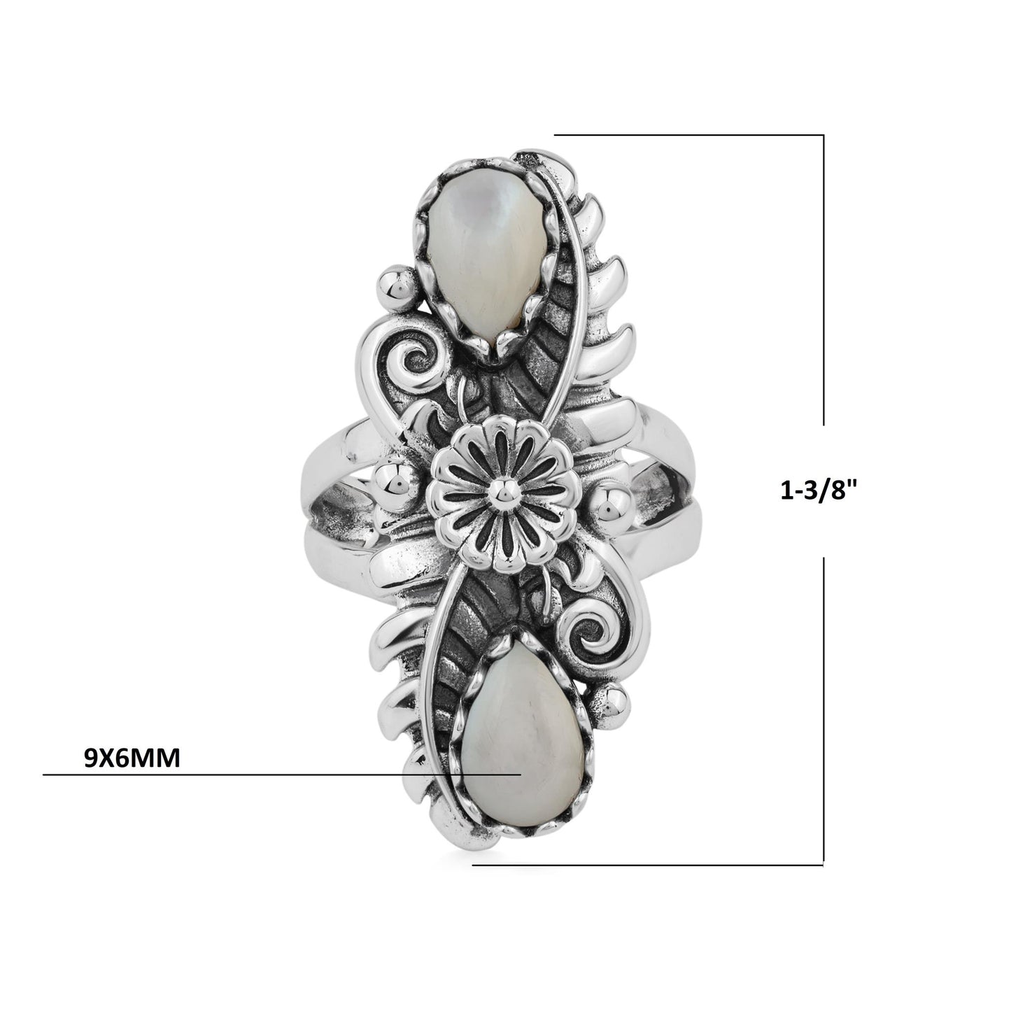  Sterling Silver White Mother of Pearl Pear-Cut Leaf and Flower Ring 