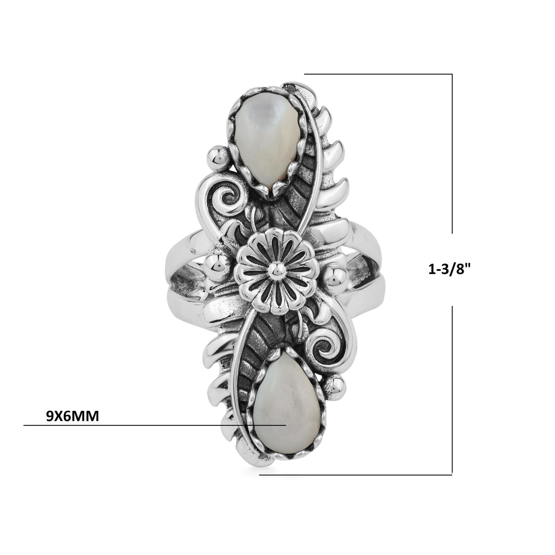  Sterling Silver White Mother of Pearl Pear-Cut Leaf and Flower Ring 