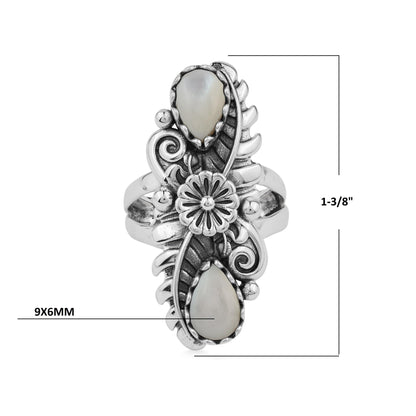  Sterling Silver White Mother of Pearl Pear-Cut Leaf and Flower Ring 
