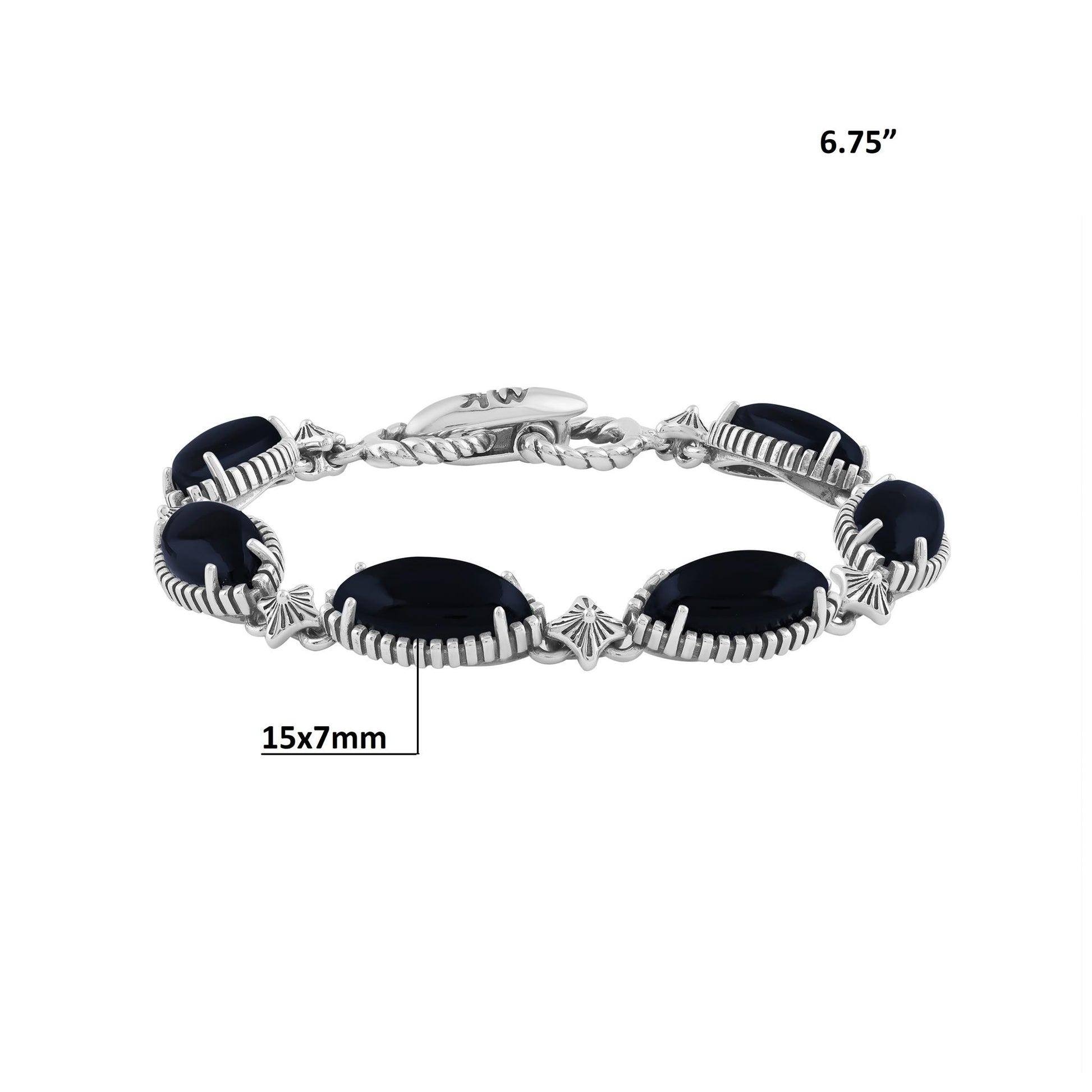  Sterling Silver Black Onyx Marquise Cut Link Bracelet