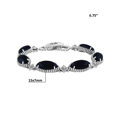  Sterling Silver Black Onyx Marquise Cut Link Bracelet