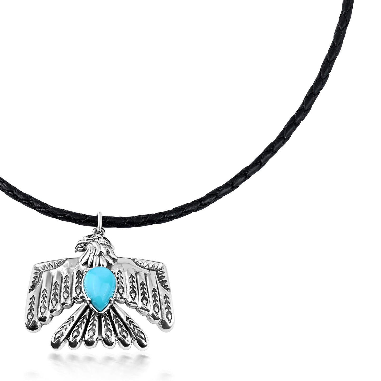 LIMITED EDITION! Sterling Silver Sleeping Beauty Turquoise Black Leather Thunderbird Pendant Necklace, 17 to 20 Inches
