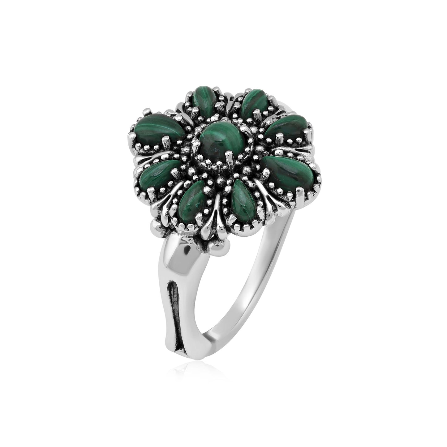  Sterling Silver Malachite Flower Cluster Ring, Sizes 5 to 10