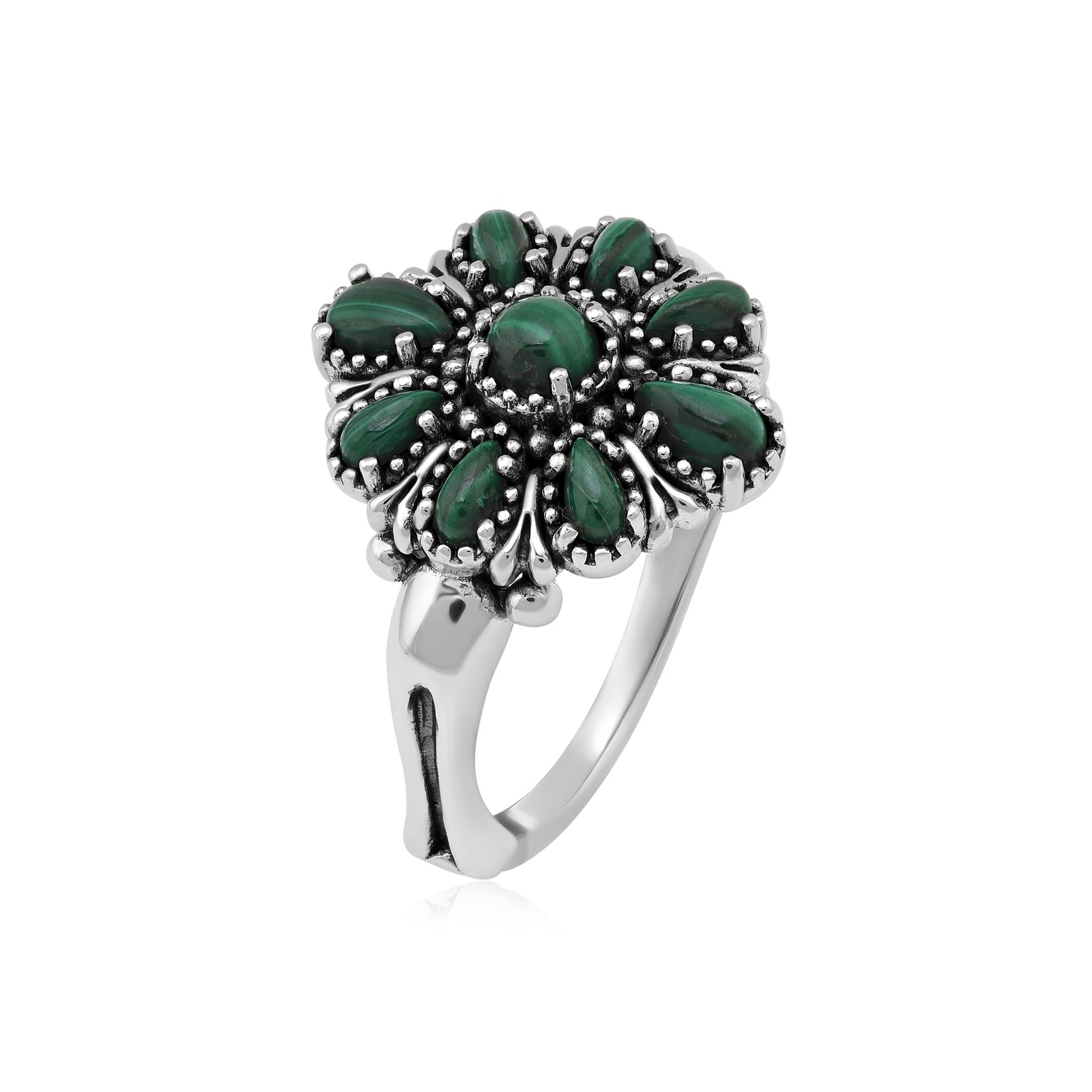  Sterling Silver Malachite Flower Cluster Ring, Sizes 5 to 10