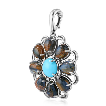 Sterling Silver Pietersite and Kingman Turquoise Pear Shape Circle Pendant Enhancer