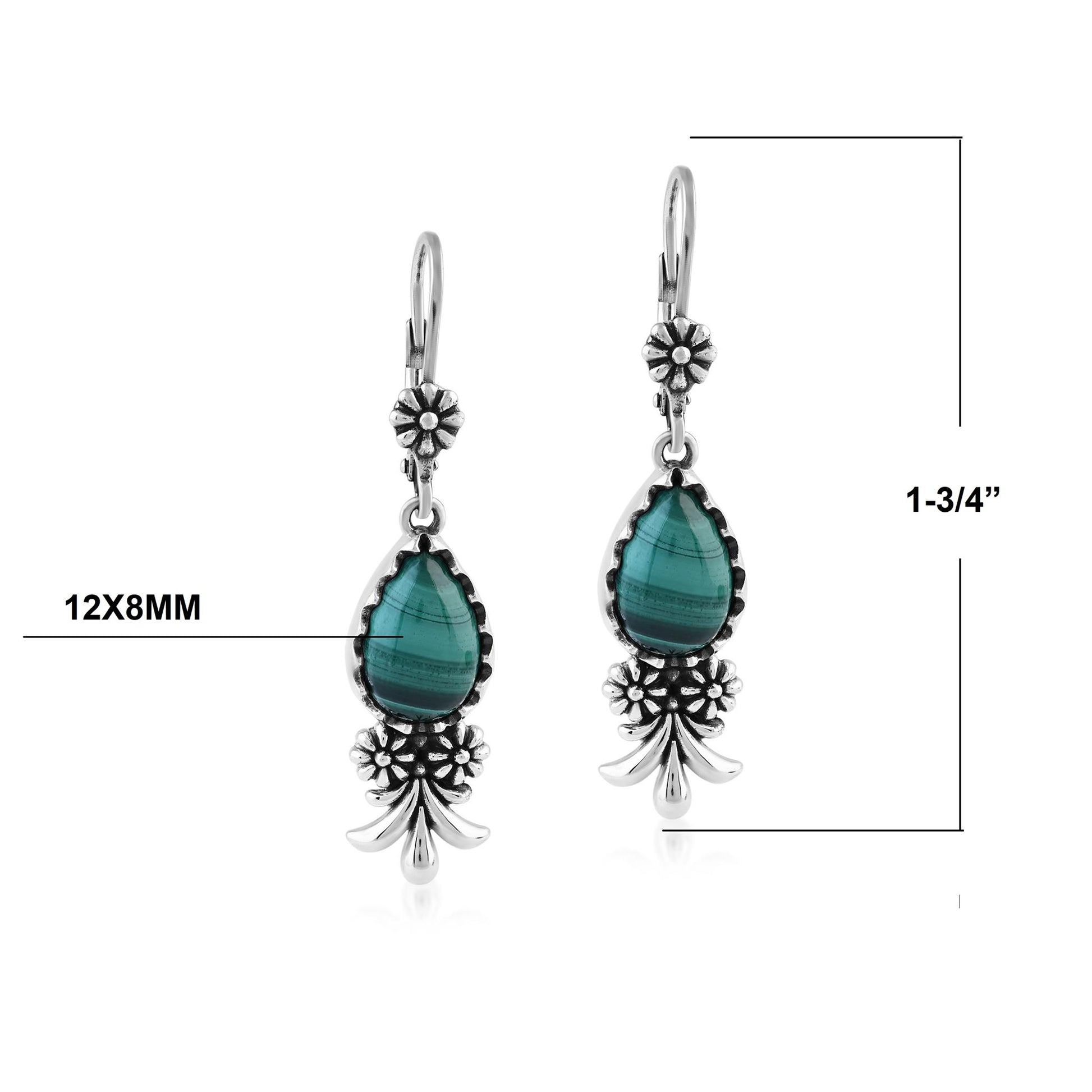  Sterling Silver Malachite Teardrop Concha Squash Blossom Dangle Earrings
