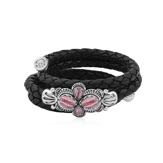  Sterling Silver Rhodochrosite Pear Cluster Black Leather Wrap Bracelet 
